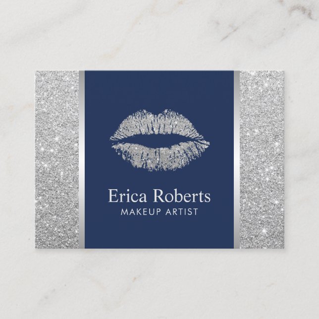 Silver Glitter Lips Makeup Artist Appointment Card (Front)