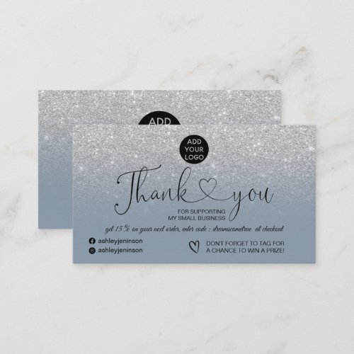 Silver glitter logo dusty blue order thank you business card