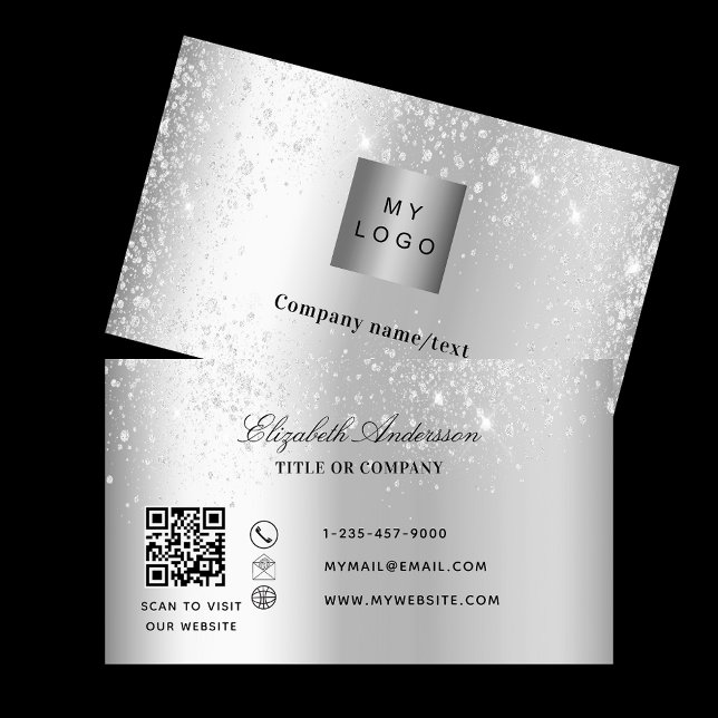 Silver glitter logo QR code Business Card (Creator Uploaded)