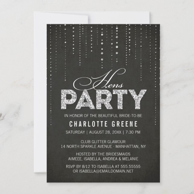 Silver Glitter Look Black Hens Party Invitation (Front)