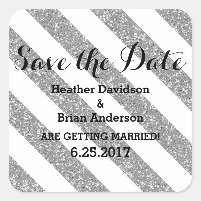 Silver Glitter Look Stripes Save the Date Stickers (Front)