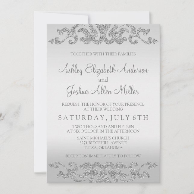 Silver Glitter Look Wedding Invitations (Front)