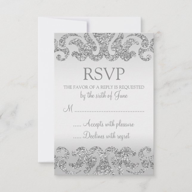 Silver Glitter Look Wedding RSVP Cards (Front)