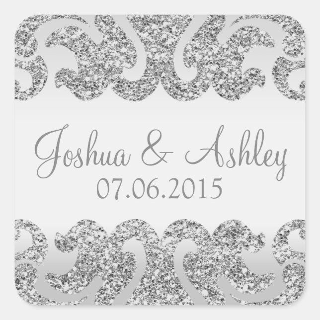 Silver Glitter Look Wedding Square Sticker (Front)