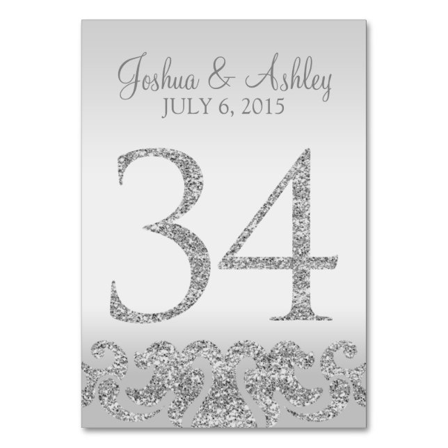 Silver Glitter Look Wedding Table Numbers-34 Number (Front)