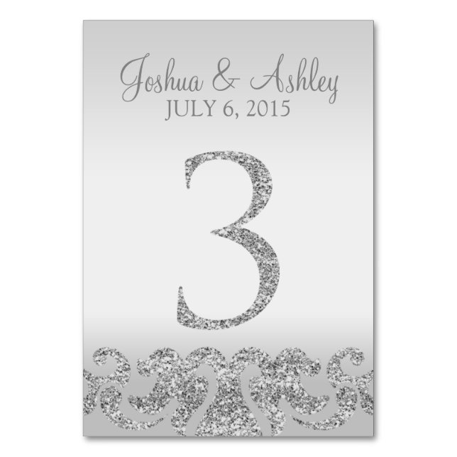 Silver Glitter Look Wedding Table Numbers-3 Table Number (Front)
