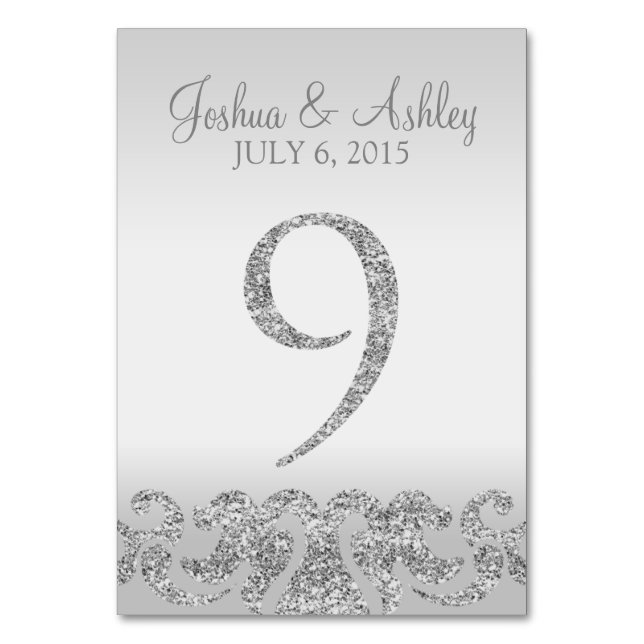 Silver Glitter Look Wedding Table Numbers-9 Table Number (Front)