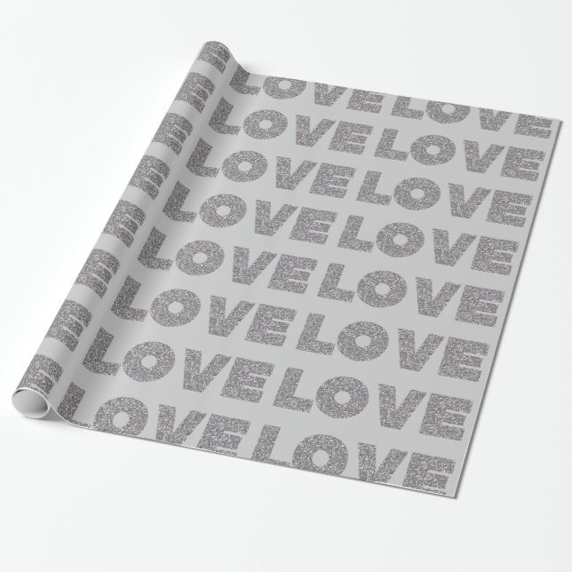 Silver Glitter Love Wrapping Paper (Unrolled)