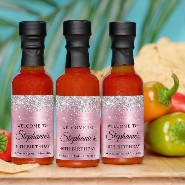 Silver Glitter Lt Pink Foil 40th Birthday Welcome Hot Sauces (Multi)