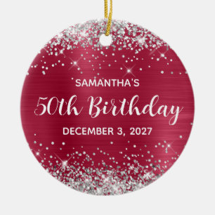 Silver Glitter Magenta Berry 50th Birthday Ceramic Ornament
