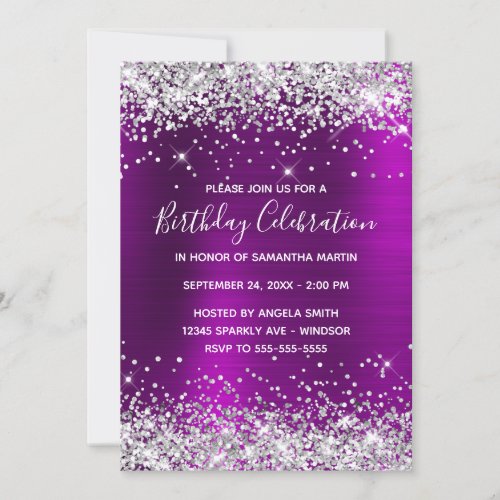 Silver Glitter Magenta Purple Foil Birthday Invitation