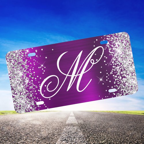 Silver Glitter Magenta Purple Foil Fancy Monogram License Plate
