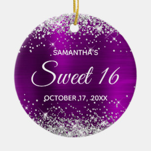 Silver Glitter Magenta Purple Foil Sweet 16 Ceramic Ornament