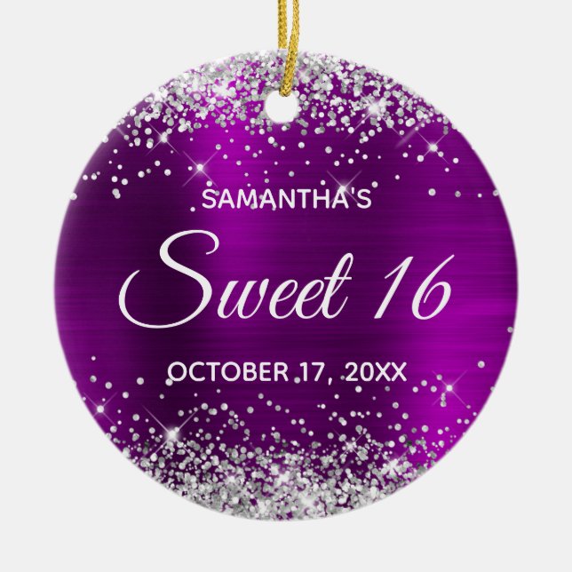 Silver Glitter Magenta Purple Foil Sweet 16 Ceramic Ornament (Front)