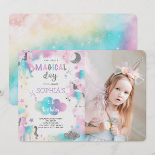 Silver Glitter Magical Unicorn Birthday Photo Invitation