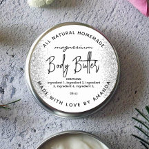 Silver glitter magnesium body butter label
