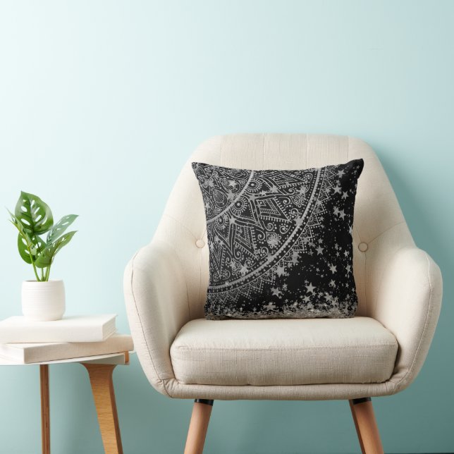Silver Glitter Mandala with Silver Stars on Black Throw Pillow (Chair)