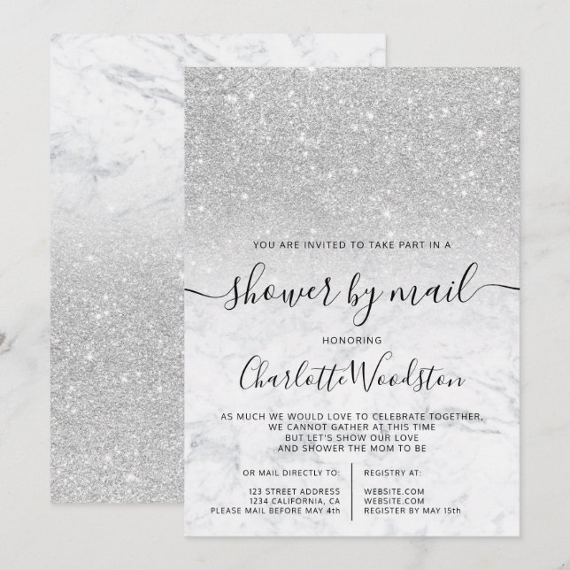 Silver glitter marble baby shower by mail invitation (Front/Back)
