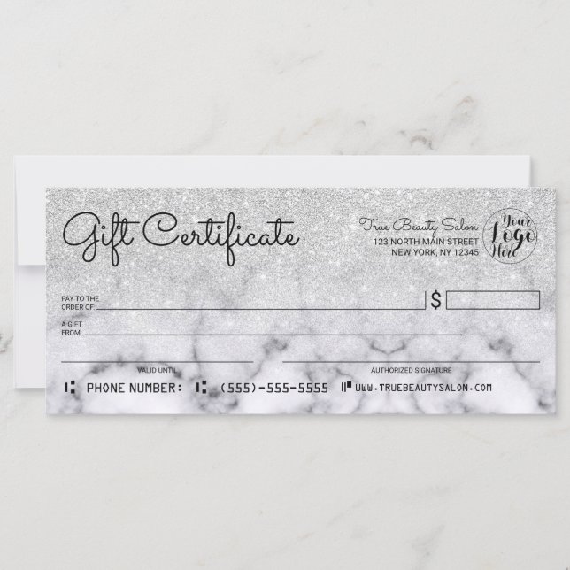 Silver Glitter Marble Check Gift Certificate (Front)