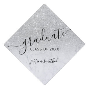 Silver glitter marble chic typography graduate graduation cap topper
