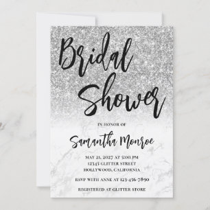 Silver Glitter Marble Glam QR Code Bridal Shower Invitation