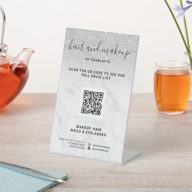 Silver glitter marble makeup digital QR price Pedestal Sign (In SItu)