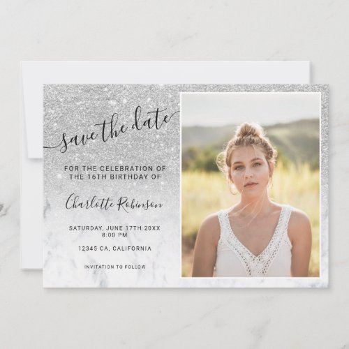 Silver glitter marble ombre 3 photos Sweet 16 Save The Date