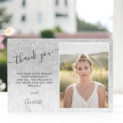 Silver glitter marble ombre 3 photos Sweet 16 Thank You Card