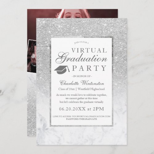 Silver glitter marble photos virtual Graduation Invitation
