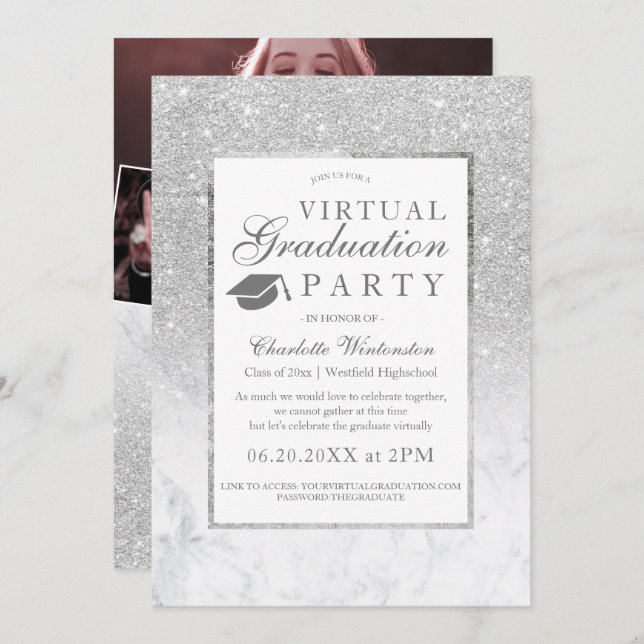 Silver glitter marble photos virtual Graduation Invitation (Front/Back)