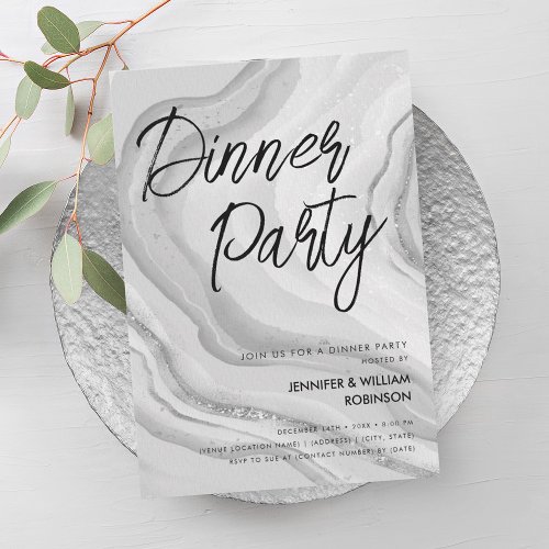 Silver Glitter Marble Script Dinner Party  Invitation
