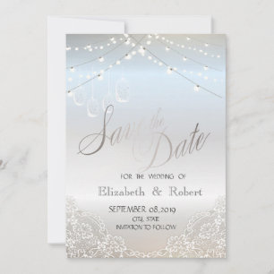 Silver Glitter,Mason Jar, Lace Save The Date