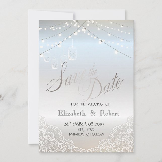 Silver Glitter,Mason Jar, Lace Save The Date (Front)
