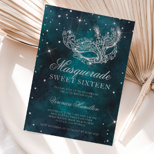 Silver glitter masquerade mask teal green Sweet 16 Invitation