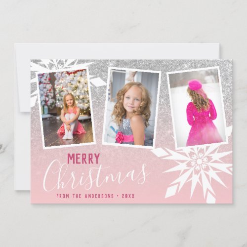 Silver Glitter Merry Christmas Custom Photo  Holiday Card