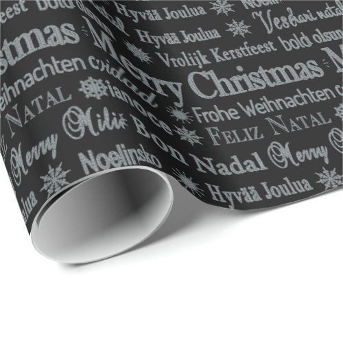 Silver Glitter Merry Christmas  Different Language Wrapping Paper