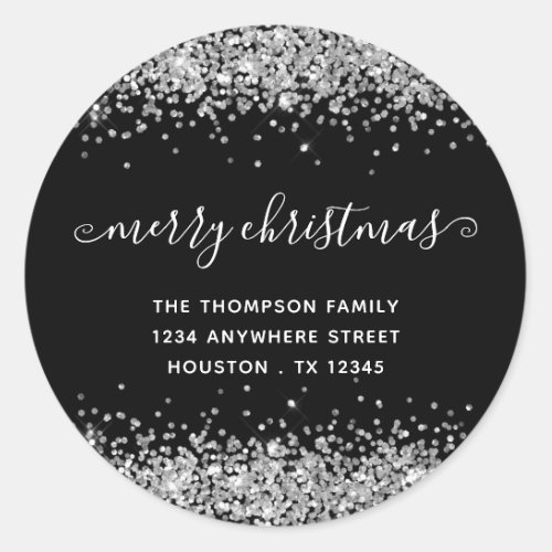 Silver Glitter Merry Christmas Name Address Black Classic Round Sticker