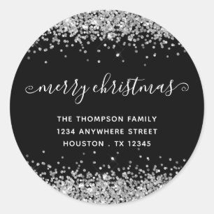 Silver Glitter Merry Christmas Name Address Black Classic Round Sticker