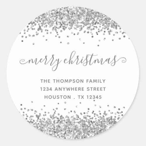 Silver Glitter Merry Christmas Name Return Address Classic Round Sticker