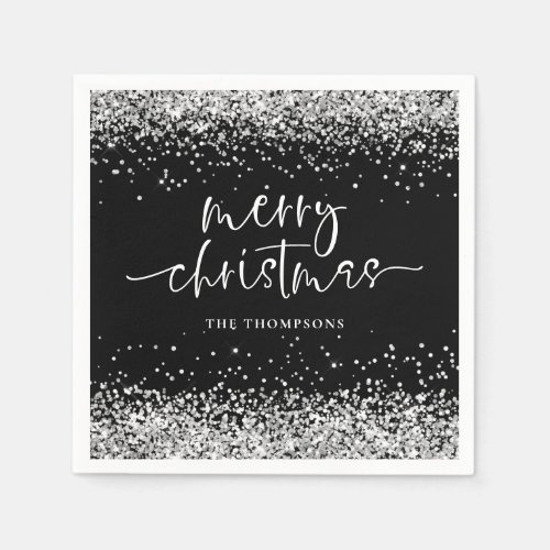 Silver Glitter Merry Christmas Party Black Napkins