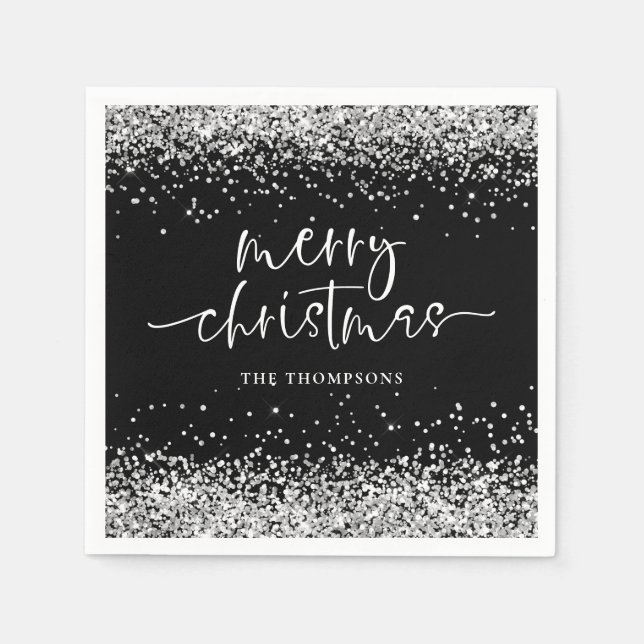 Silver Glitter Merry Christmas Party Black Napkins (Front)