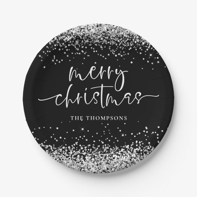 Silver Glitter Merry Christmas Party Black Paper Plates (Front)