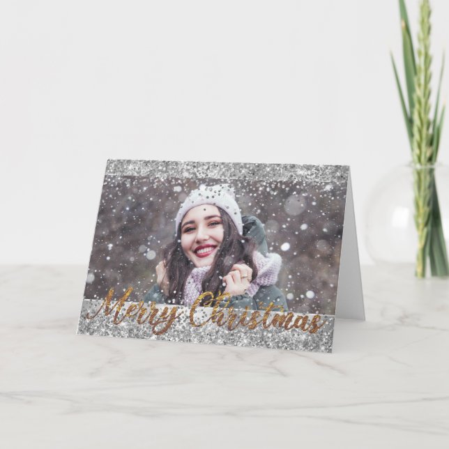 Silver Glitter Merry Christmas Photo Greeting Card (Front)