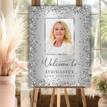 Silver Glitter Metal 60th Birthday Photo Welcome Foam Board<br><div class="desc">Elegant Modern Sparkle silver glitter and Metal Personalized Photo 60th Birthday Welcome Foam Board. This Girly Adult feminine SIXTY (SIXTIETH) OR ANY AGE Birhday party sign featuring a stylish handwritten calligraphy script, silver glam glitter frame around on gray silver metal foil look background. Ideal for a feminine adult or girly...</div>