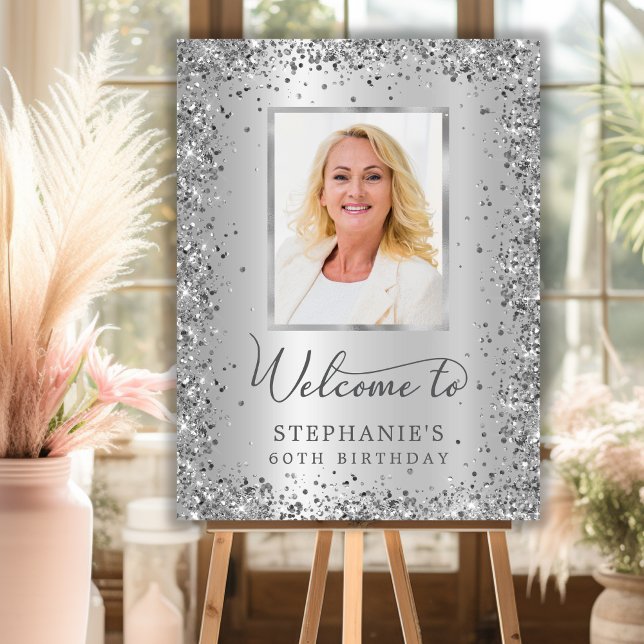 Silver Glitter Metal 60th Birthday Photo Welcome Foam Board (Creator Uploaded)