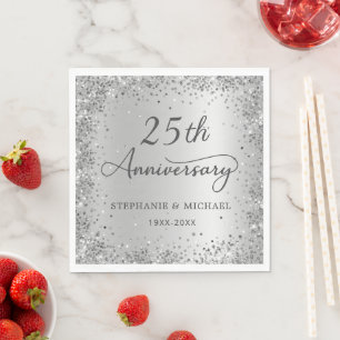 Silver Glitter Metal Foil 25th Wedding Anniversary Napkins