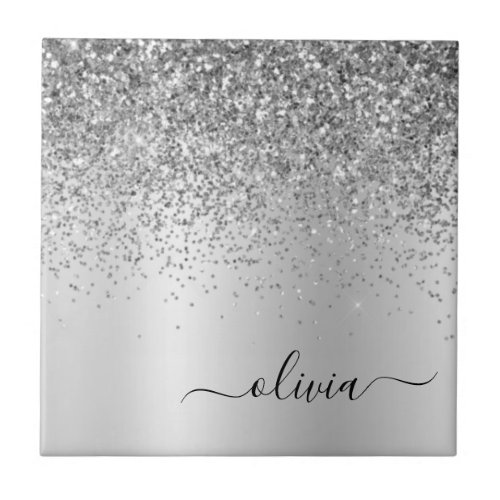 Silver Glitter Metal Monogram Glam Name Ceramic Tile