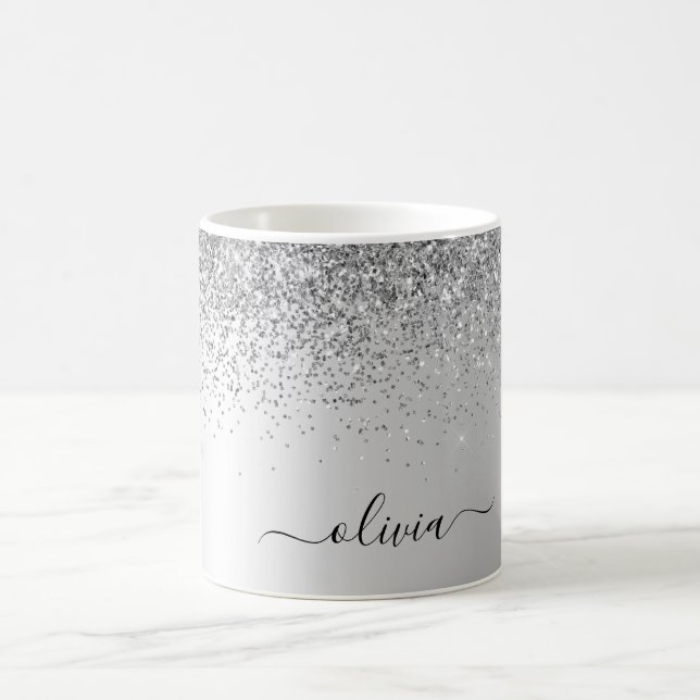 Silver Glitter Metal Monogram Glam Name Coffee Mug (Center)