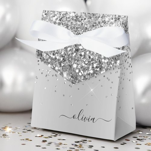 Silver Glitter Metal Monogram Glam Name Favor Boxes