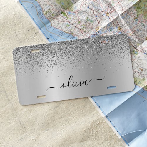 Silver Glitter Metal Monogram Glam Name License Plate